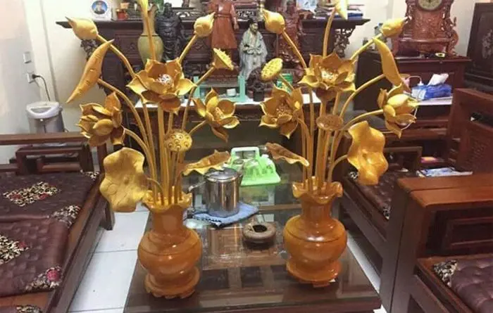 Bình sen gỗ phòng khách 6 Bình hoa sen gỗ