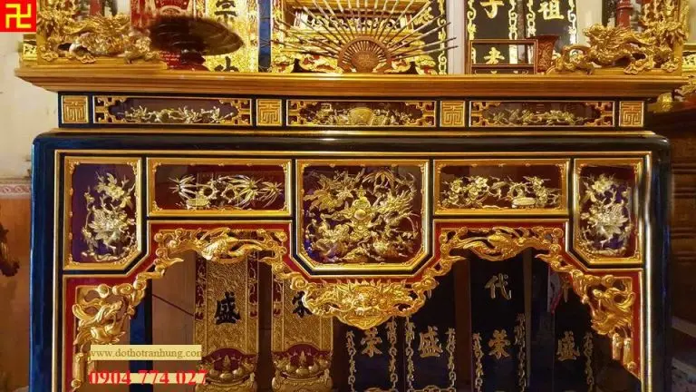 Bộ bàn thờ sơn son thếp vàng treo cuốn thư câu đối 4 mẫu ô xa thờ đẹp