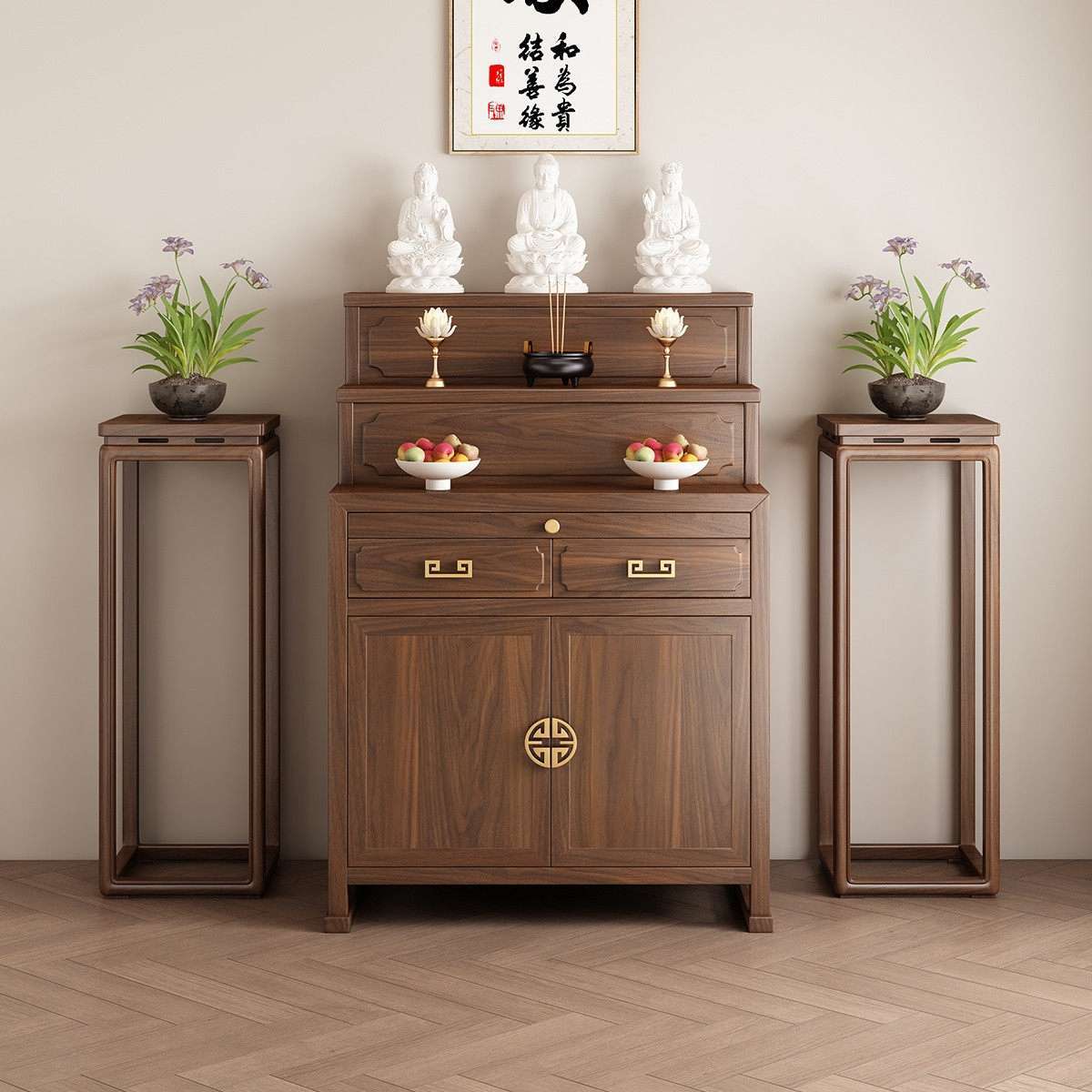 Mẫu tủ thờ 2 tầng – Giải pháp thờ Phật và gia tiên trong cùng không gian 2 Tủ thờ đơn giản