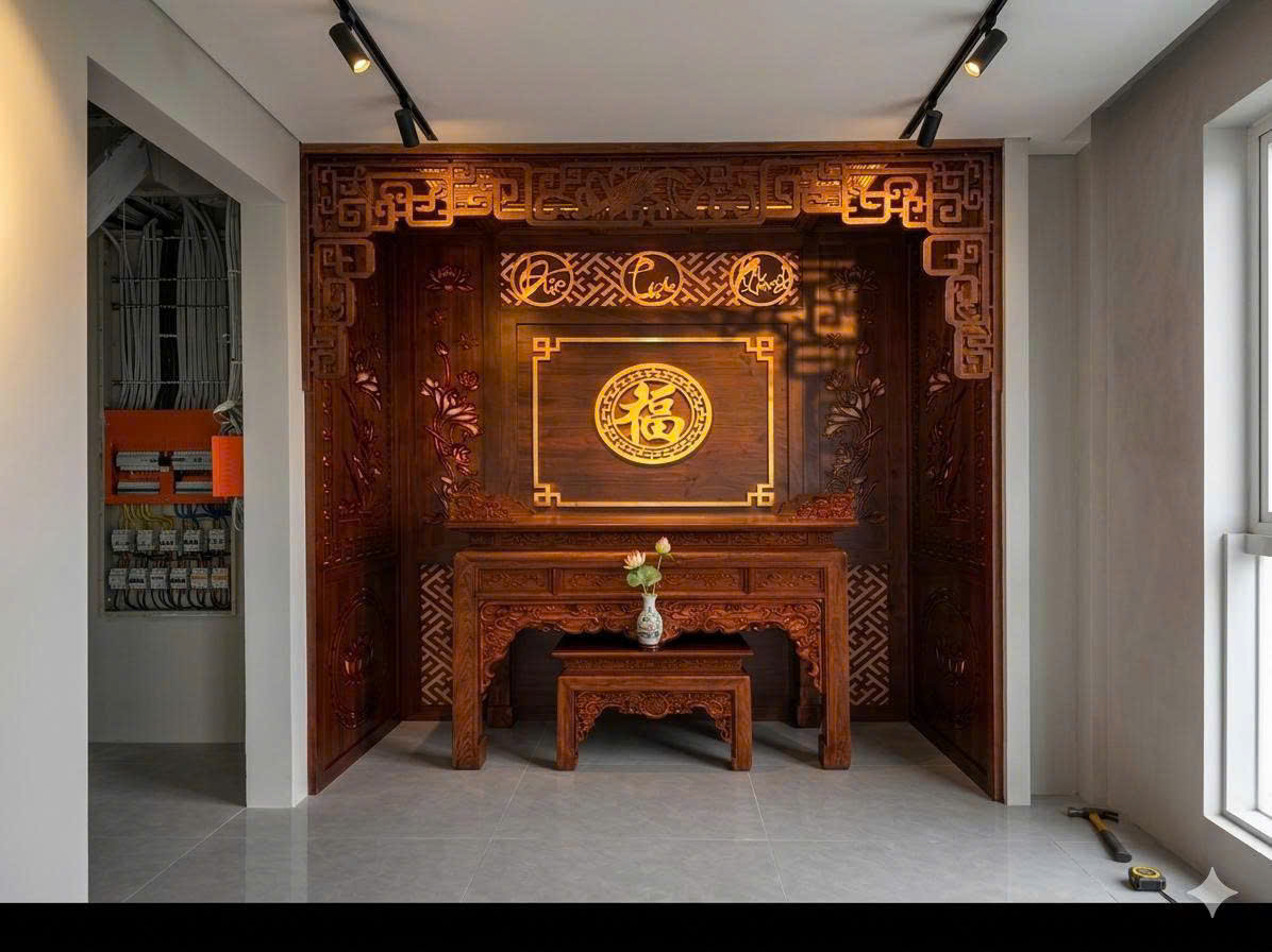 Nên Dùng Gỗ Mít Hay Gỗ Hương Làm Bàn Thờ? 1 Phối cảnh 3D gian thờ gỗ hương cho nhà hiện đại