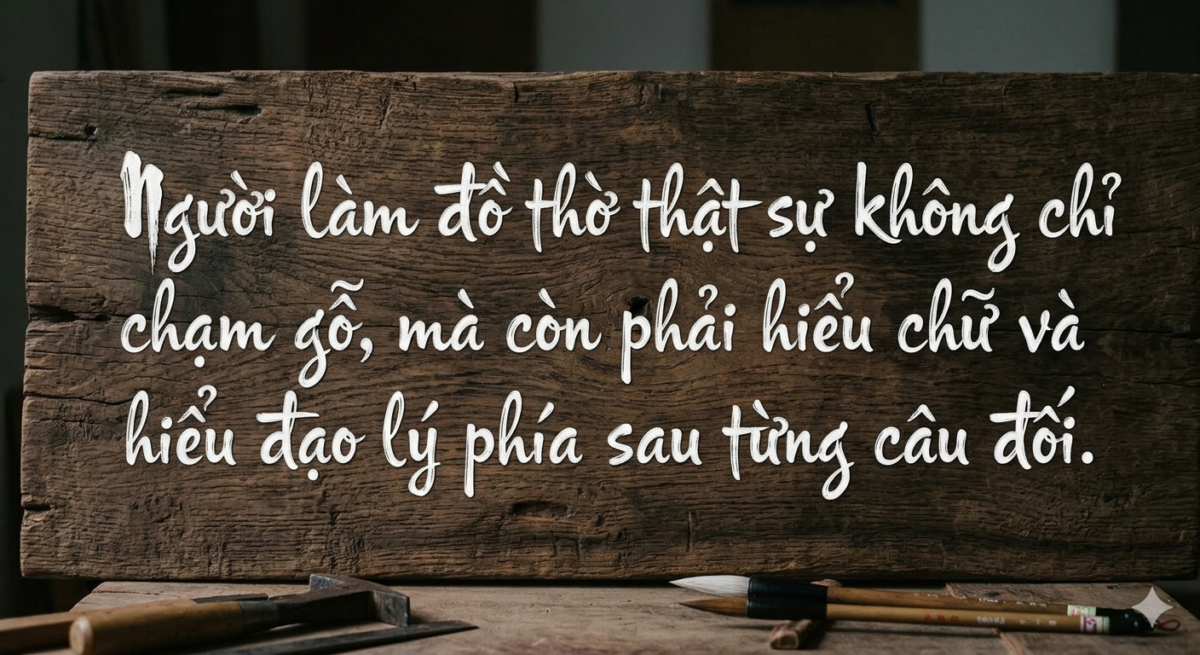 Tổ Công Tông Đức Hay Tổ Tông Công Đức Mới Đúng? Giải Nghĩa Chuẩn 5 Ảnh nền vân gỗ truyền thống kết hợp câu chữ mang tinh thần nghề thủ công Sơn Đồng:“Người làm đồ thờ thật sự không chỉ chạm gỗ, mà còn phải hiểu chữ và hiểu đạo lý phía sau từng câu đối.”