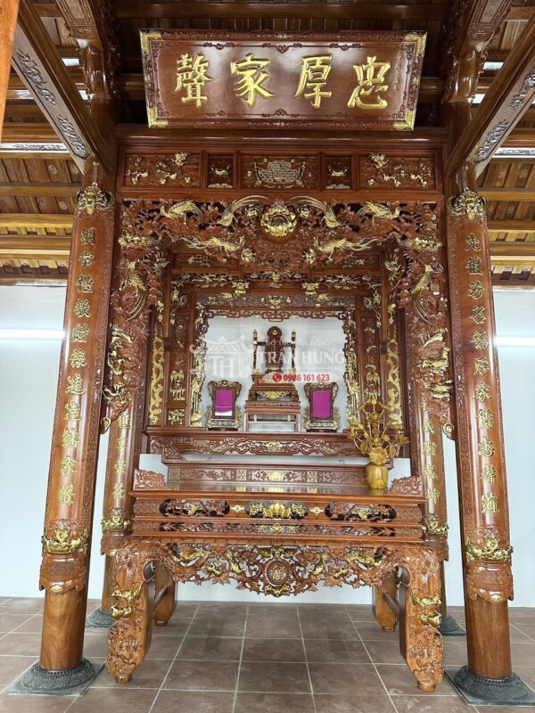 bộ Đồ thờ nhà gỗ 3 gian gỗ Hương thếp điểm vàng