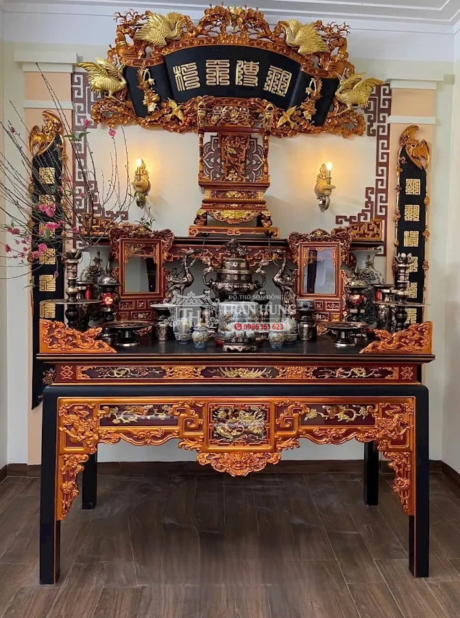 Bàn Thờ Ô Sa 3 Ô Kính Gỗ Dổi – Chiện Tàu Lá Dắt Lối Cổ 5 bàn thờ Ô Sa 3 ô kính sơn son thếp vàng