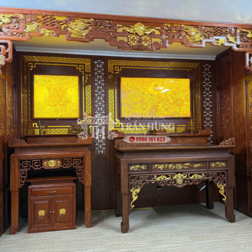 Xưởng Làm Bàn Thờ Hà Nội – Nhận Đóng Theo Yêu Cầu Tại Sơn Đồng 1 Gian thờ gỗ được tạo riêng trong phòng khách tầng 1, kết hợp khu vực thờ Phật và thờ gia tiên.