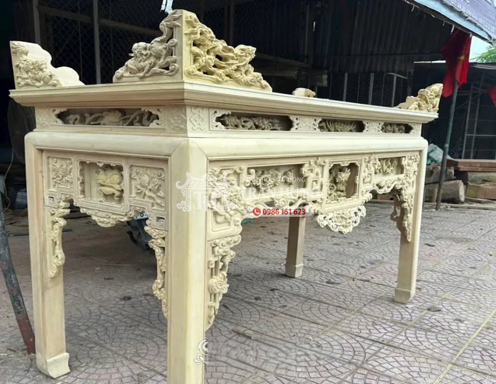 Bàn Thờ Ô Sa 3 Ô Kính Gỗ Dổi – Chiện Tàu Lá Dắt Lối Cổ 2 ảnh mộc mặt hông bàn thờ Ô xa 3 ô kính