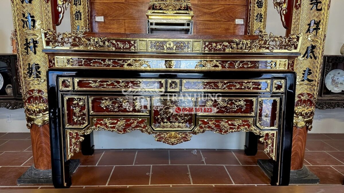 Công Trình Gian Thờ Nhà 3 Gian Giả Gỗ Bê Tông | Đồ Thờ Sơn Đồng 3 Bàn thờ Ô Sa trong gian thờ nhà 3 gian