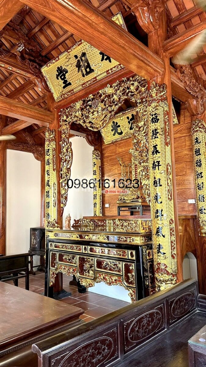 Công Trình Gian Thờ Nhà 3 Gian Giả Gỗ Bê Tông | Đồ Thờ Sơn Đồng 4 Hoành phi và cửa võng trong gian thờ nhà 3 gian