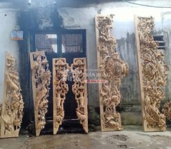 Cửa võng Ngũ Phúc rơi gầm tiền, đèn lồng – mẫu chạm khối lớn tại xưởng